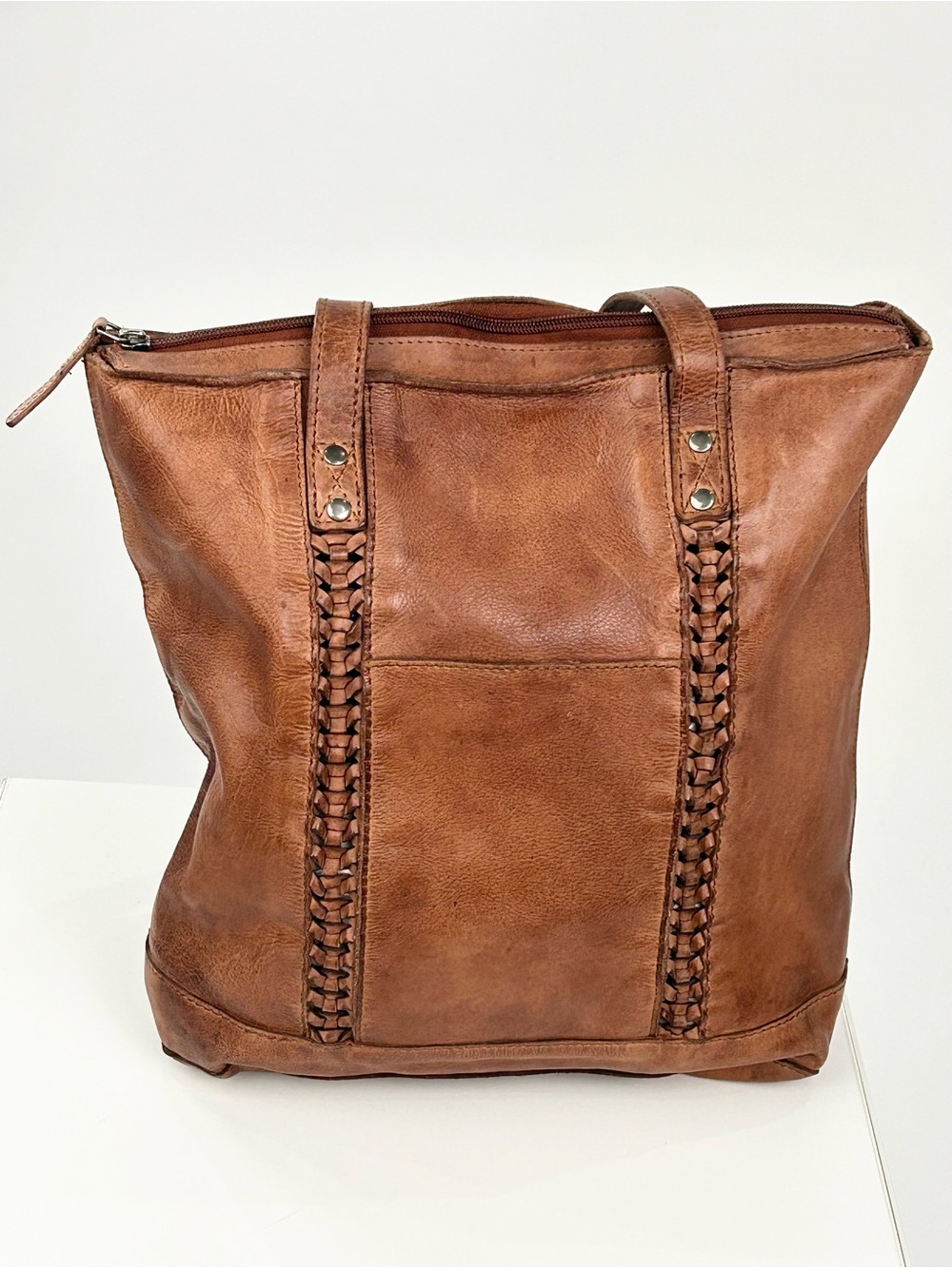 Vilenca Holland Cognac Leather Woven Tote Shoulder Bag Boho Brown